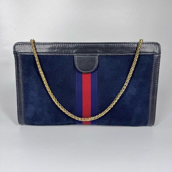 Gucci Vintage large Clutch crossbody bag Handbag Suede Leather navy blue - Picture 4 of 12
